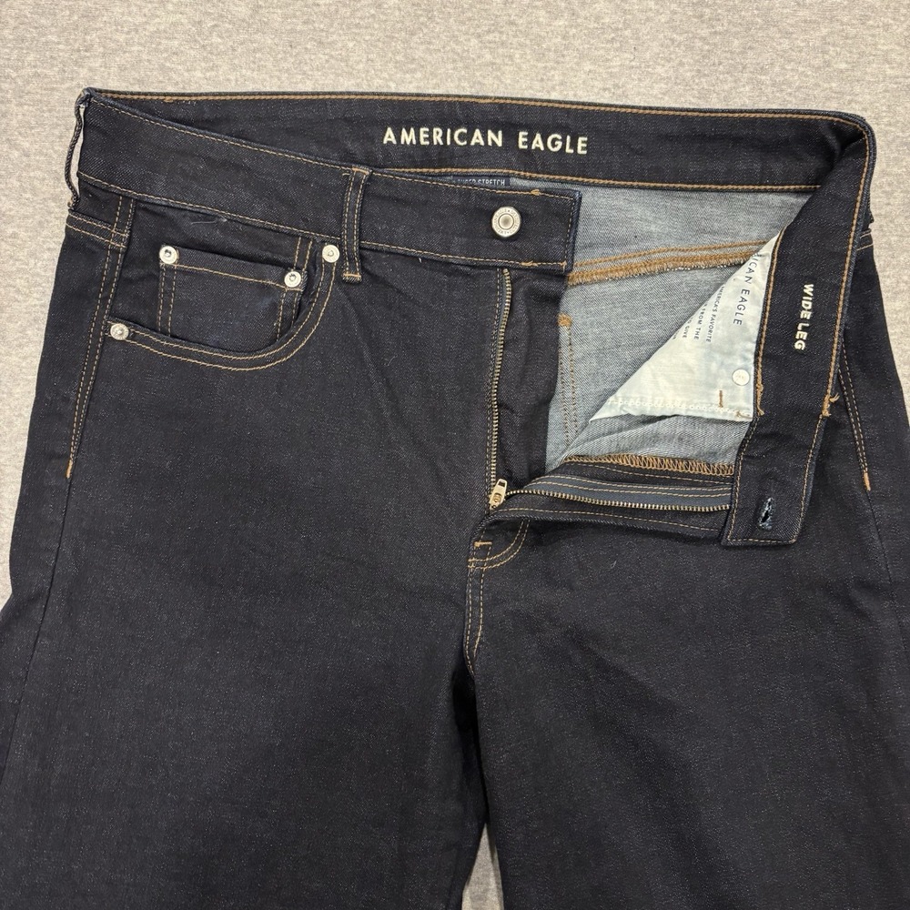 American Eagle Wide Leg Jeans Womens's Size 14 X-Long Blue Dark Wash Denim Flare - Picture 9 of 11